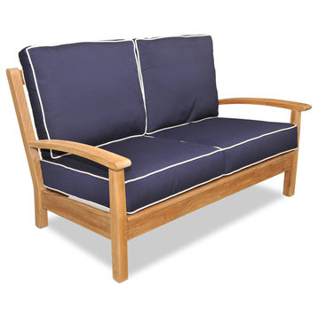 Teak Deep Seating Love Seat with Cushions, Navy With Canvas Piping