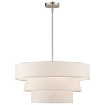 Livex Lighting - Chandler 4-Light Brushed Nickel Pendant Chandelier - The Chandler pendant chandelier is both modern and versatile. The hand-crafted oatmeal colored fabric hardback shade is set off by the silky white fabric on the inside setting a pleasant mood. The four-light triple drum shade adds character to this handsomely styled pendant.  Perfect fit for the living room, dining room, kitchen and bedroom. This sleek design is shown in a brushed nickel finish.