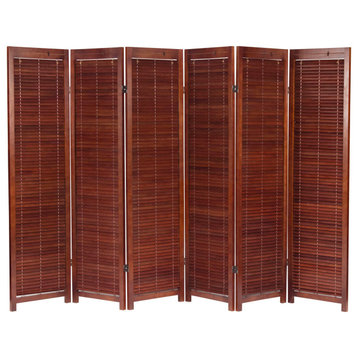 Traditional Room Divider, Pine Frame With Adjustable Shutter, Walnut, 6 Panels