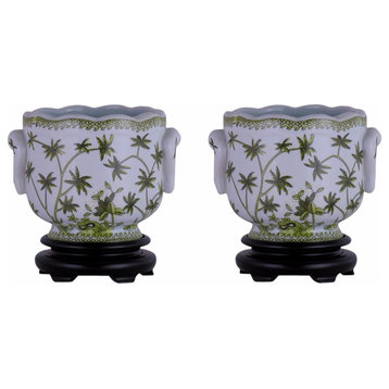 Set of 2 Round Scallop Rim Green and White Floral Porcelain Pot Base 7"