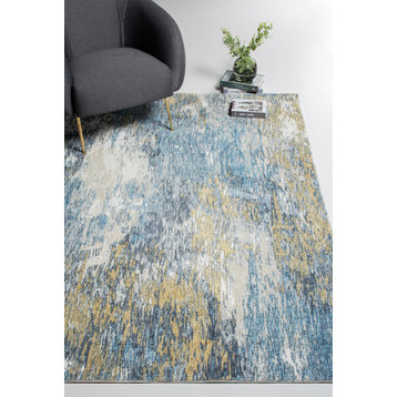 Roxy Abstract Plush Area Rug, Blue/Gold, 5' X 7'6
