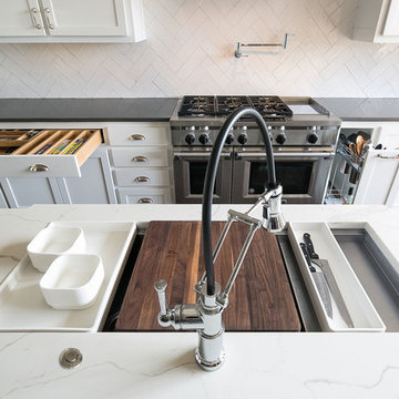 White Kitchen Island with Sink and Drawer Organizers