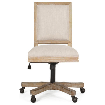 McGillen Rustic Upholstered Swivel Office Chair, Beige + Natural, 100% Polyester + Rubber Wood + Iron
