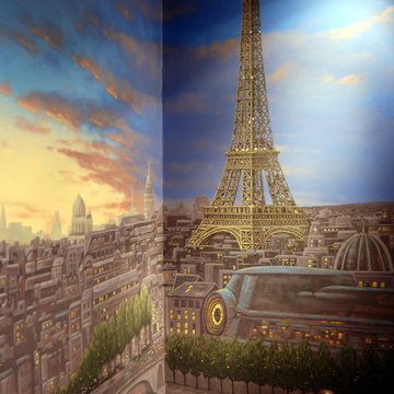 Paris Panorama 360 degree Mural hand painted throughout a 17 foot stairway