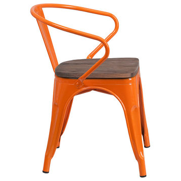Orange Metal Chair With Wood Seat and Arms