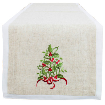 Embroidered Christmas Tree Layered Table Runner, Natural+white, 16" X 96"