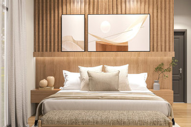 Ejemplo de dormitorio principal escandinavo de tamaño medio con paredes blancas, suelo de madera clara, suelo beige y madera