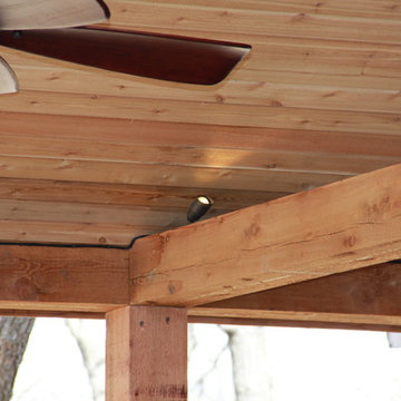 Deck lighting using low voltage under railing LED lights.