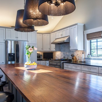 Coastal Kitchen with Large Wood Island and White Shaker Cabinets – Manchester MA