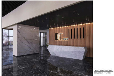Стильный дизайн: большой коридор в современном стиле с коричневыми стенами, полом из керамической плитки и черным полом - последний тренд