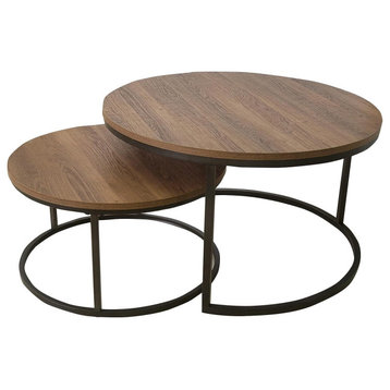 2 Pack Nest Coffee Table, Iron Base & Round Top, Reclaimed Oak/Gunmetal