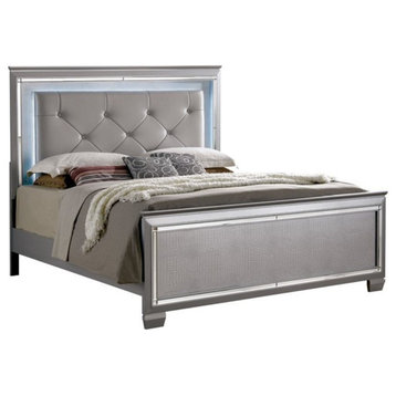 Bowery Hill Contemporary Wood California King LED Panel Bed in Silver