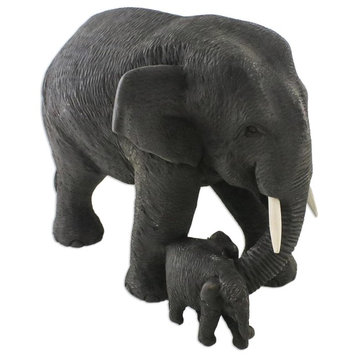 Handmade Elephant Mother Teakwood sculpture - Thailand