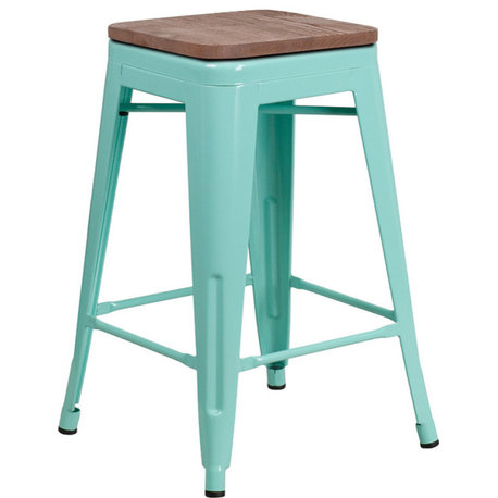 24"High Backless Mint Green Counter Height Stool with Square Wood Seat