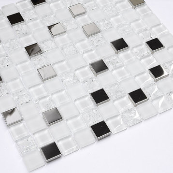 Modern White Glass Metal Mosaic Backsplash Tile, 12"x12"