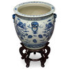 16" Blue and White Porcelain Imperial Dragon Chinese Fishbowl Planter, With Stand