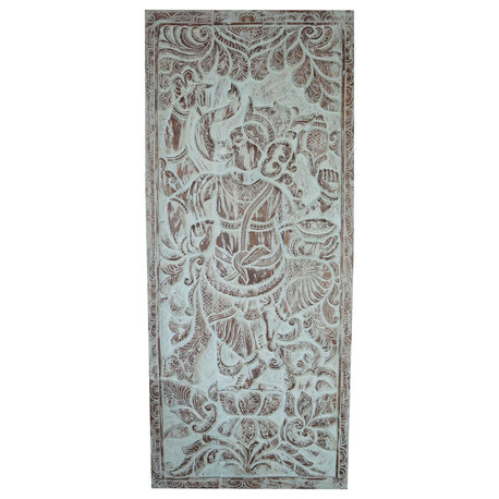 Consigned Vintage Carved Dancing Ganesha on Lotus Wall Panel Barn Door 83