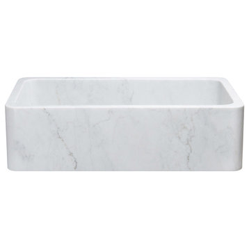 36" Farmhouse Kitchen Sink, Single Bowl, Reversible, Carrara White Marble, White