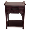 Oriental End Table, Open Shelf & 3 Drawers With Shou Three Symbols, Dark Cherry