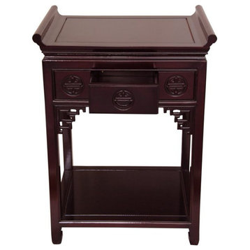 Oriental End Table, Open Shelf & 3 Drawers With Shou Three Symbols, Dark Cherry