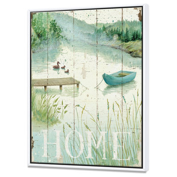 Designart Lakeside Boats Welcome Home Lake House Canvas Art, White, 36x46