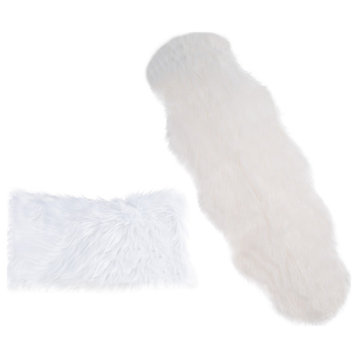 20" Faux Fur Decorative Pillow Insert and Cover Set, Plush Sheepskin Rug, White