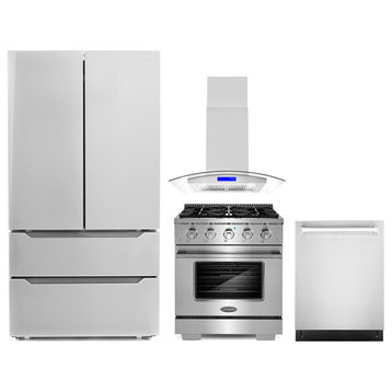4PC Package with 30" Gas Range, 30" Island Range Hood, Dishwasher & Refrigerator