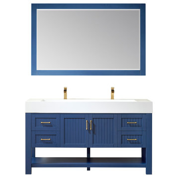 Pavia Vanity, Royal Blue With Artificial Stone Sink Top, 60", With Mirror