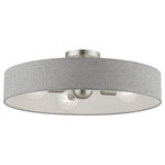 Livex Lighting - Elmhurst 4 Light Brushed Nickel With Shiny White Accents Large Semi-Flush - The Elmhurst collection is both modern and versatile. The brushed nickel finish with shiny white finish accents and hand-crafted urban gray color fabric hardback shade with white color fabric on the inside sets a pleasant mood. This sleek large four-light semi flush is a perfect fit for the living room, dining room, kitchen and bedroom.