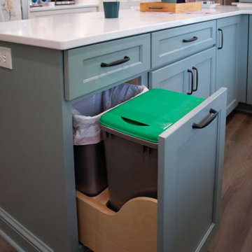 Custom Two-Toned Green and White Kitchen with Laventa Carrara Quartz Countertops