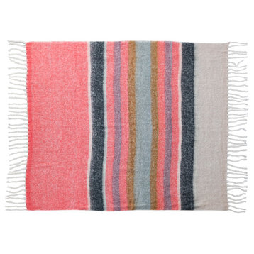 Striped Acrylic and Wool Throw Blanket, Pink and Blue