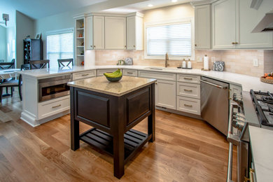 Example of a mid-sized transitional u-shaped medium tone wood floor and brown floor kitchen design in Cleveland with an undermount sink, flat-panel cabinets, white cabinets, quartz countertops, orange backsplash, porcelain backsplash, stainless steel appliances, an island and white countertops