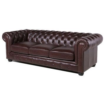 Bowery Hill 20" Traditional Leather Tufted Back Chesterfield Sofa in Mahogany