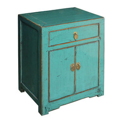 Oriental Distressed Light Teal Blue Lacquer Side End Table Nightstand - Side Tables And End Tables