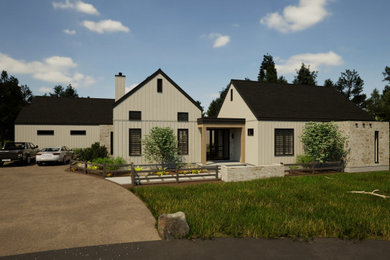 Mid-sized farmhouse white one-story concrete fiberboard and board and batten exterior home idea in Boise with a shingle roof and a black roof