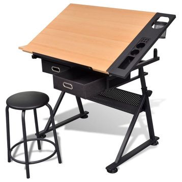 vidaXL Adjustable Drawing Table with Stool 2 Drawers Tiltable Work Station