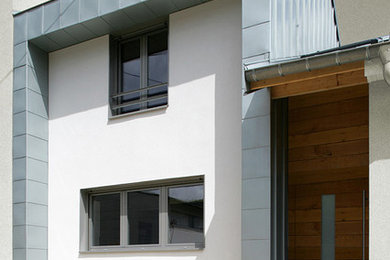 Cette image montre une façade de maison à un étage avec un toit à deux pans.