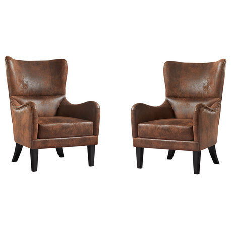 Salerno Contemporary Microfiber Wingback Club Chair, Brown, Set of 2