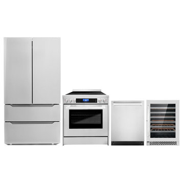 4-Piece, 30" Electric Range, 24" Dishwasher, Refrigerator, and Wine Cooler