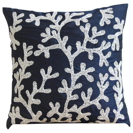 Coral Design 12"x12" Art Silk Navy Blue Decorative Pillows Cover, Navy Corals