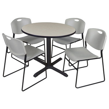 Cain 36" Round Breakroom Table- Maple & 4 Zeng Stack Chairs- Grey
