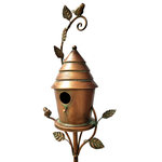 Zaer Ltd - Antique Copper Saran Birdhouse Stake "Mary" - Adorn your front lawn, walkway, or garden with our new collection of Antique Copper Saran Birdhouse Stakes. Skillfully crafted from durable metal and hand painted with an Antique copper finish, this collection includes four beautifully constructed birdhouses with intricate designs and small bird details, each perched atop a sturdy three prong garden stake. The "Mary" Birdhouse Stake features a cylindrical birdhouse with a tiered cone-shaped roof.