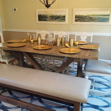 Farm House Country Trestle Table, Genuine Leather Covered Bench and Chairs