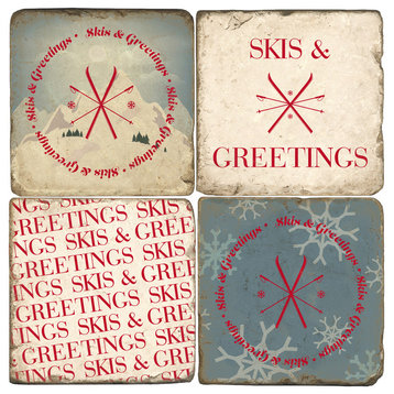 Skis and Greetings Tumbled Marble Coasters, Set of 4