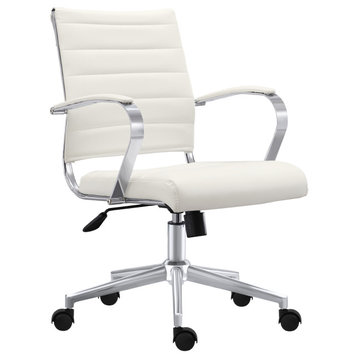 Mid Back Swivel Boss Ribbed PU Leather Office Arm Chair Modern Ergonomic, White