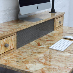 Pinder gloss lacquered OSB Industrial Desk with Storage & perforated steel - Display & Wall Shelves