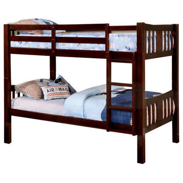 Benzara BM217745 Twin Over Twin Bunk Bed with Attached Ladder, Espresso Brown