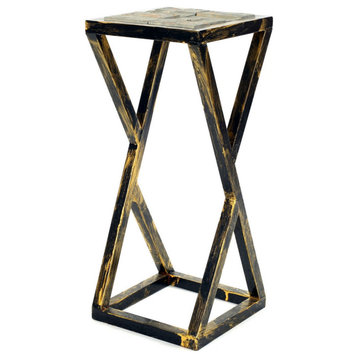 19.5" Stone Top Plant Stand With Geometric Base, Black and Gray
