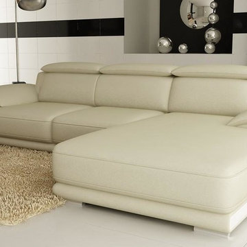 Cream and White Bonded Leather Sectional Sofa with Chaise