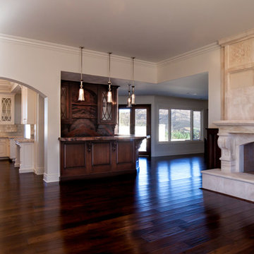 White Italian Villa Family Room with fireplace